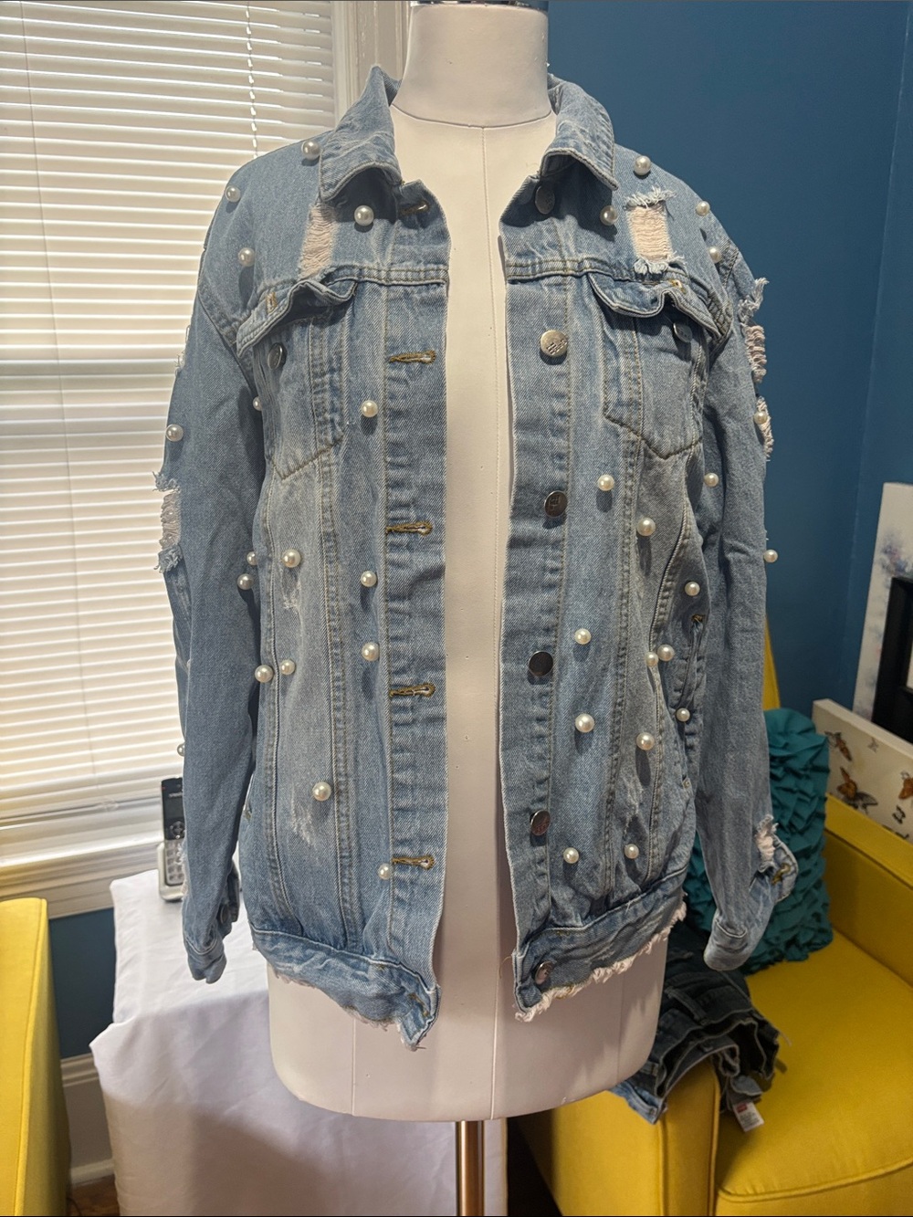 Pearl-Embellished Light Blue Distressed Denim Jacket
